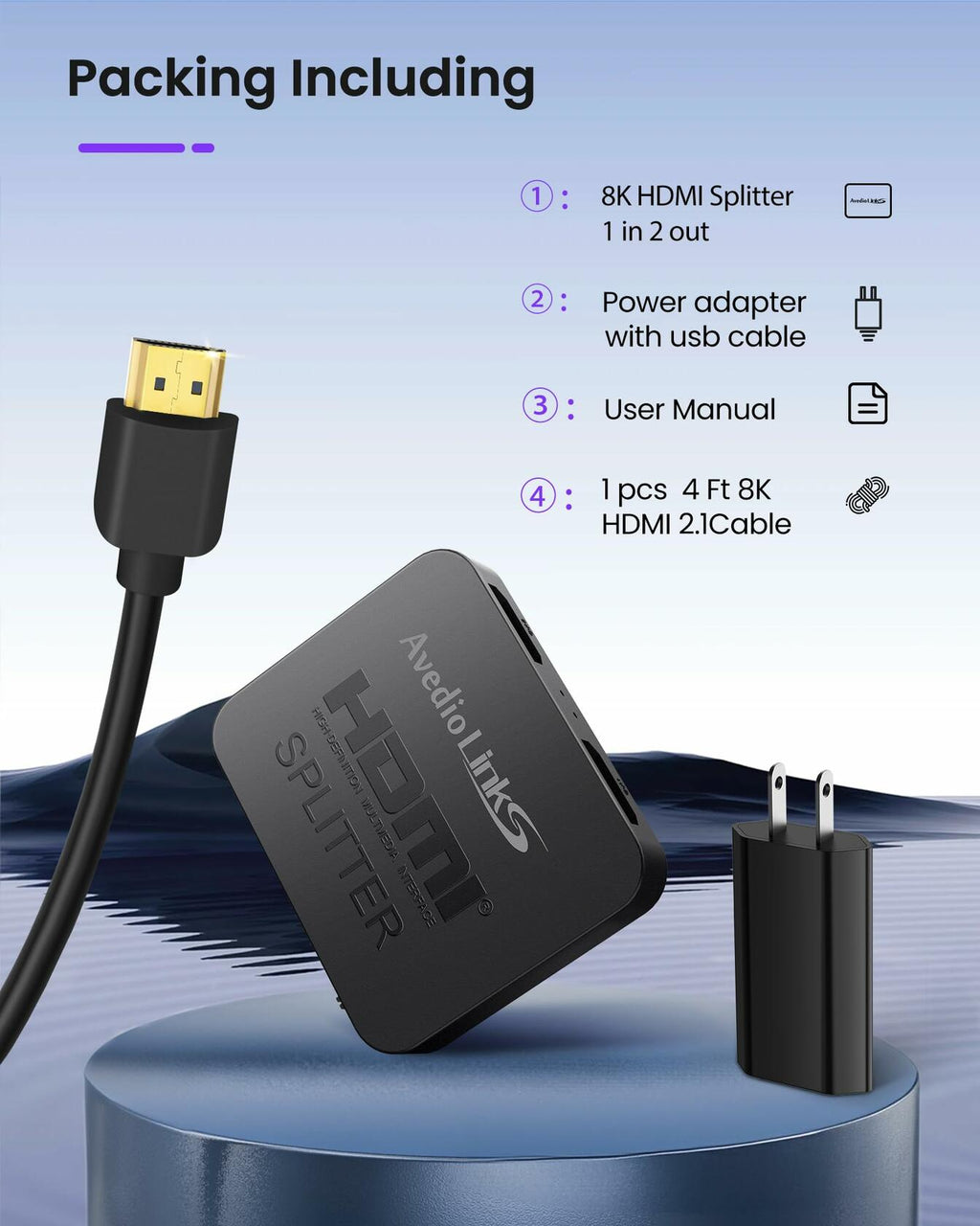 avedio links 8K HDMI Splitter 1 in 2 Out w/ 4ft 8K Hdmi Cable (Not Extended Display), Mirror Only, 4K@120Hz HDMI 2.1 Splitter for Monitor, TV, Support HDCP2.3, 48Gbps, VRR, ALLM, Dol-by Vision, Atmos