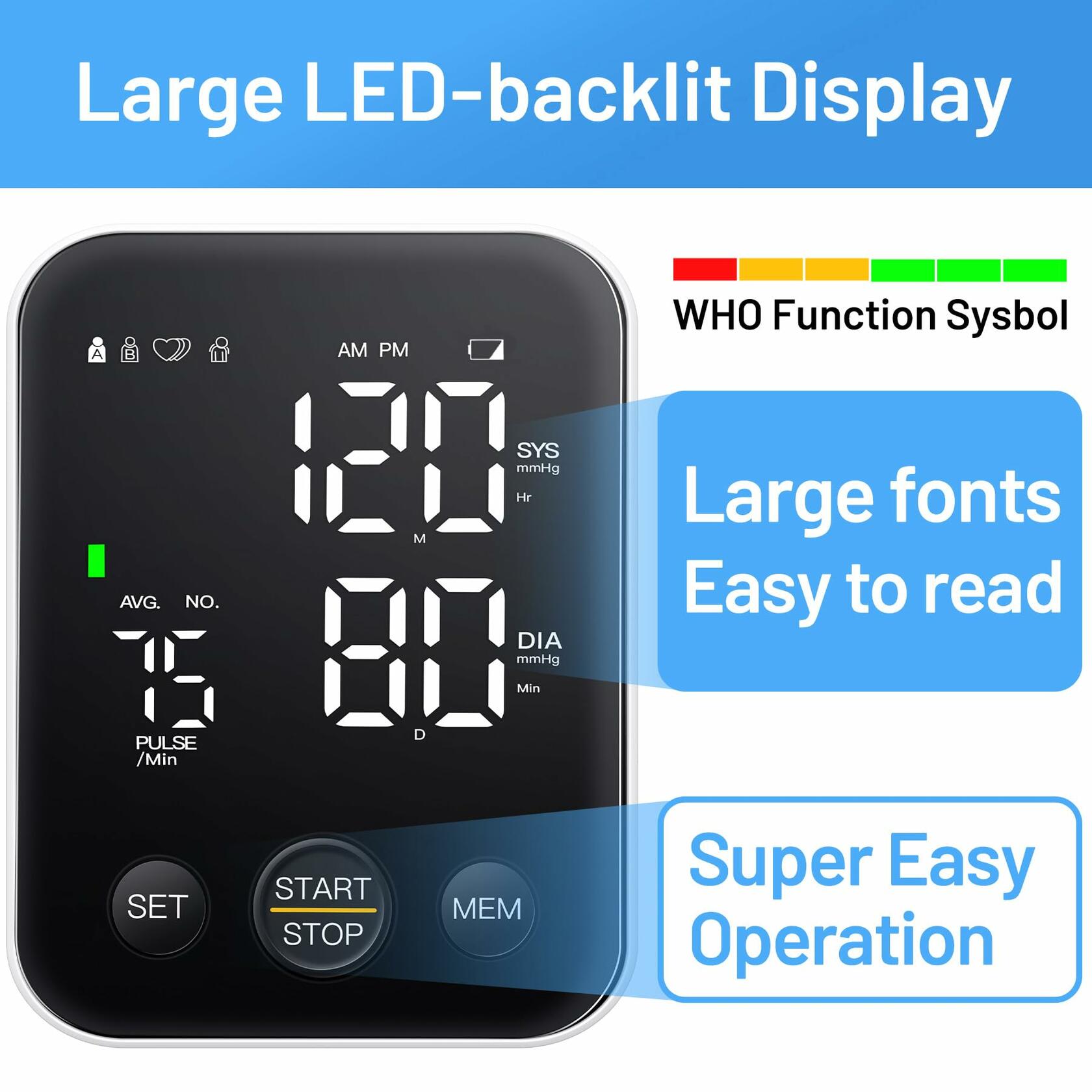 Blood Pressure Monitor Upper Arm Machine Accurate Adjustable BP Cuff Kit Led Backlit Display 2 Users 240 Sets Memory Includes Storage Bag Black