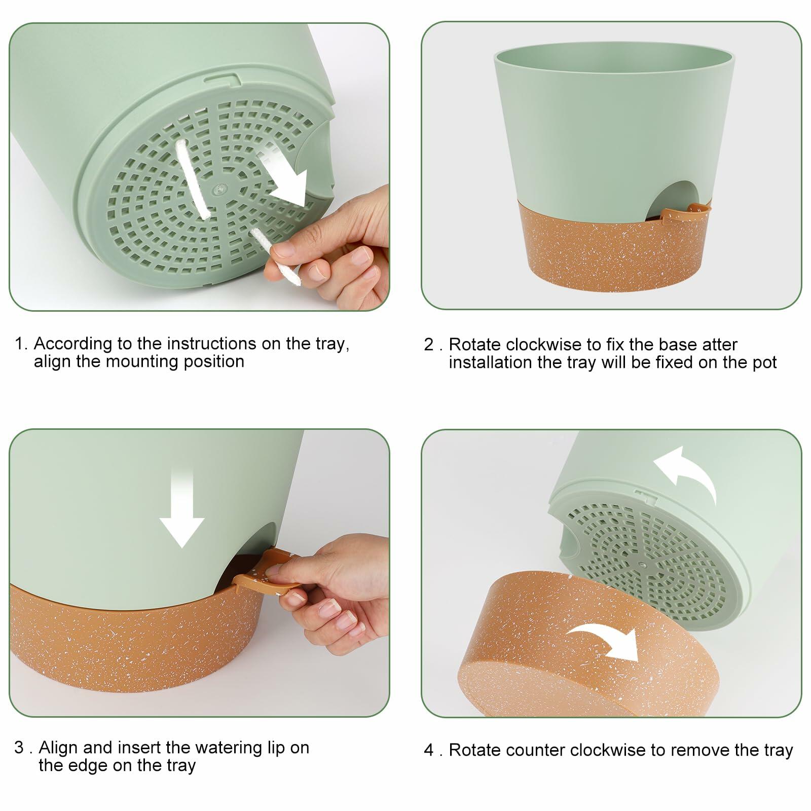 2 Pack YNNICO 10-Inch Plant Pots, Self-Watering Planters with Drainage Holes & Saucers for Indoor and Outdoor Plants (Green)
