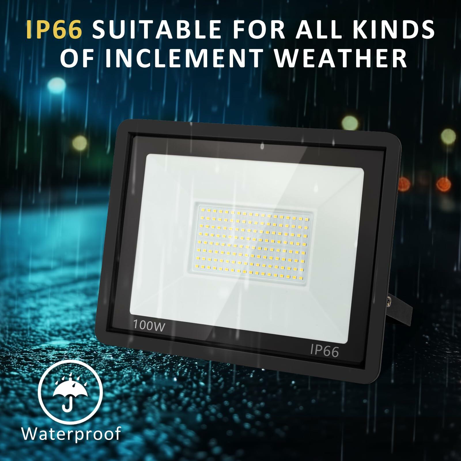 3 Pack ZHPINGMX 100W LED Flood Light Outdoor, 10000LM Super Bright Floodlight Outside Work Lightwith Plug, 6500K Daylight White LED Flood Light Outdoor, IP66 Waterproof Outdoor Flood Light