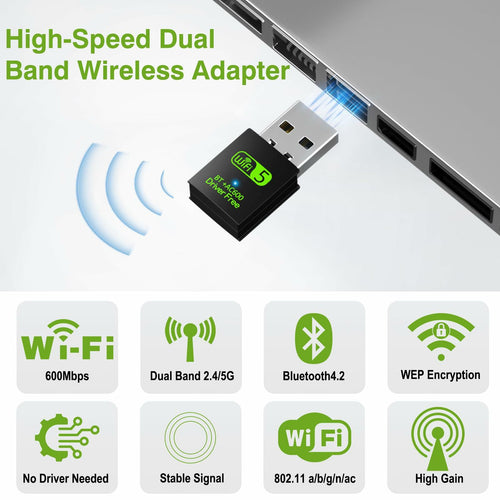USB WiFi Bluetooth Adapter, 600Mbps Dual Band 2.4/5Ghz Wireless Network External