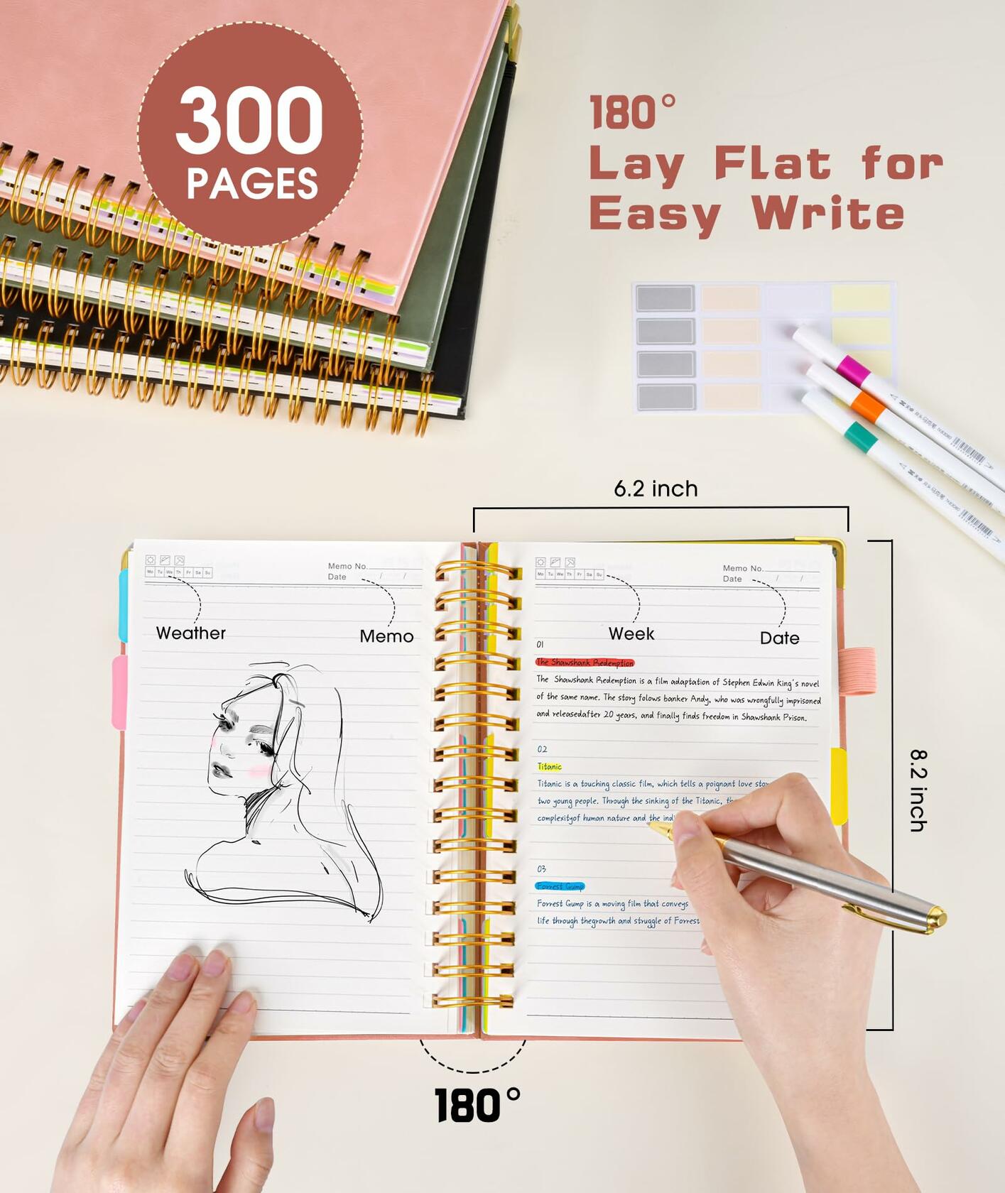 Hardcover Spiral Notebook journal with Removable Dividers Tabs, 300 Pages