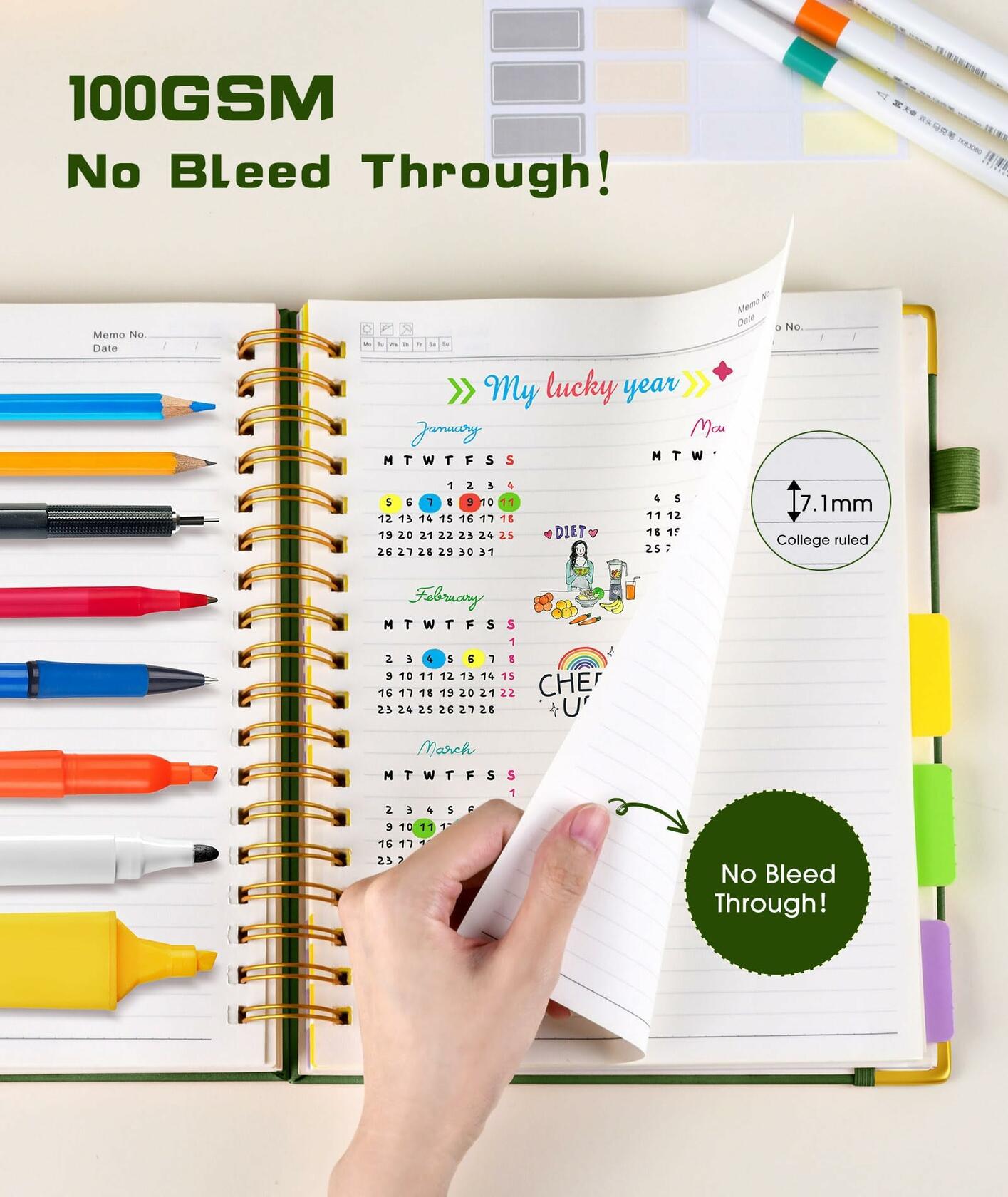 Hardcover Spiral Notebook journal with Removable Dividers Tabs, 300 Pages