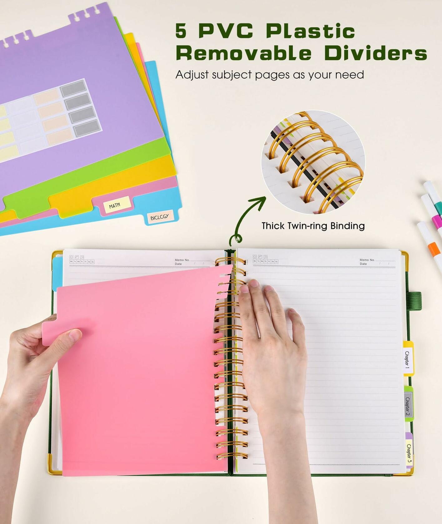 Hardcover Spiral Notebook journal with Removable Dividers Tabs, 300 Pages