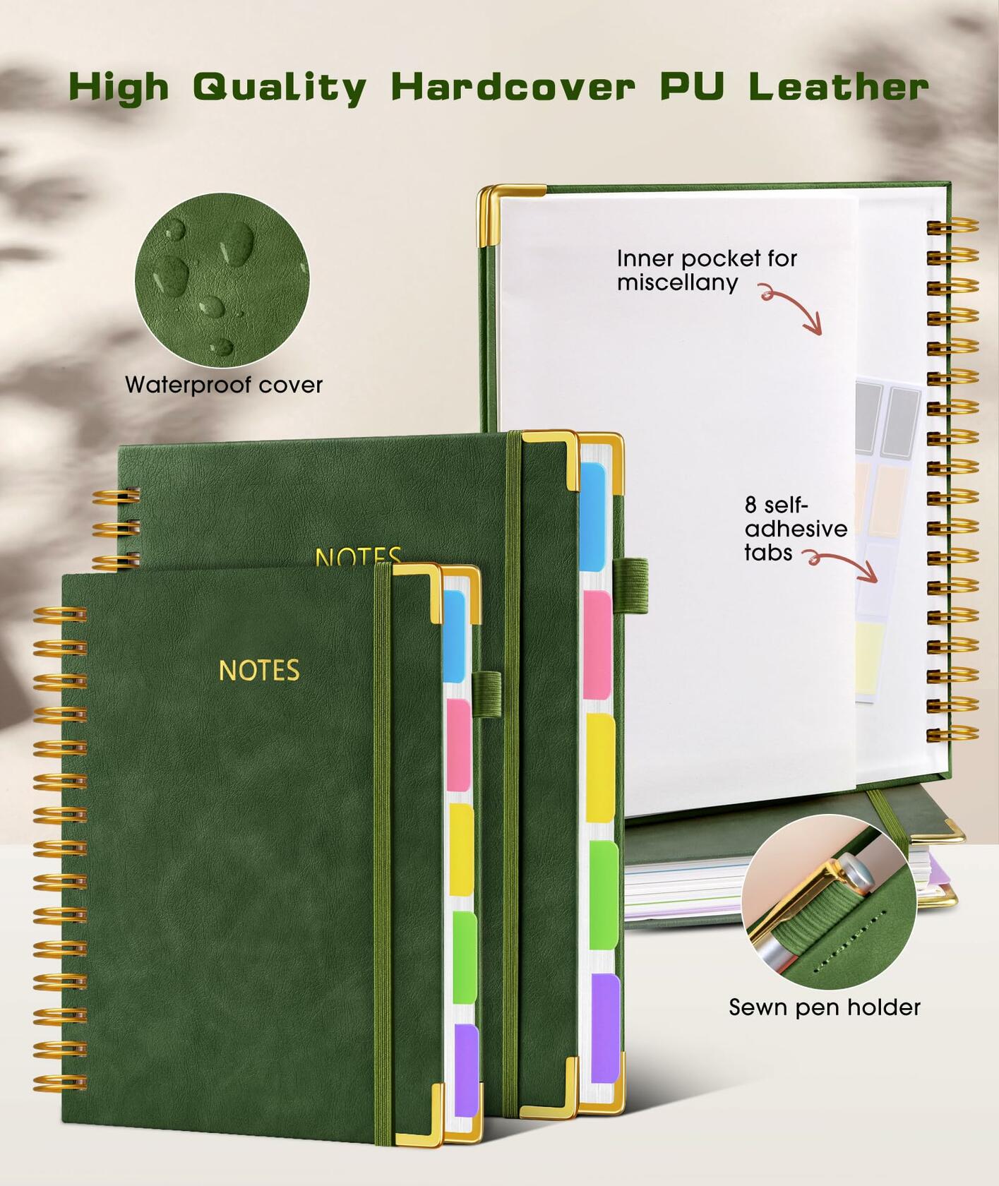 Hardcover Spiral Notebook journal with Removable Dividers Tabs, 300 Pages