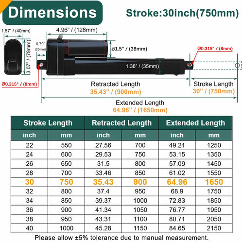 JQDML 30 Inch Stroke Linear Actuator 12V Heavy Duty 440lbs/2000N IP65 Waterproof