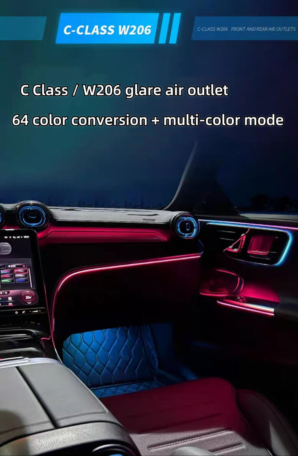 7PCS 64 Colors Air Vent Ambient Light For 2022-2025 Mercedes Benz C Class W206