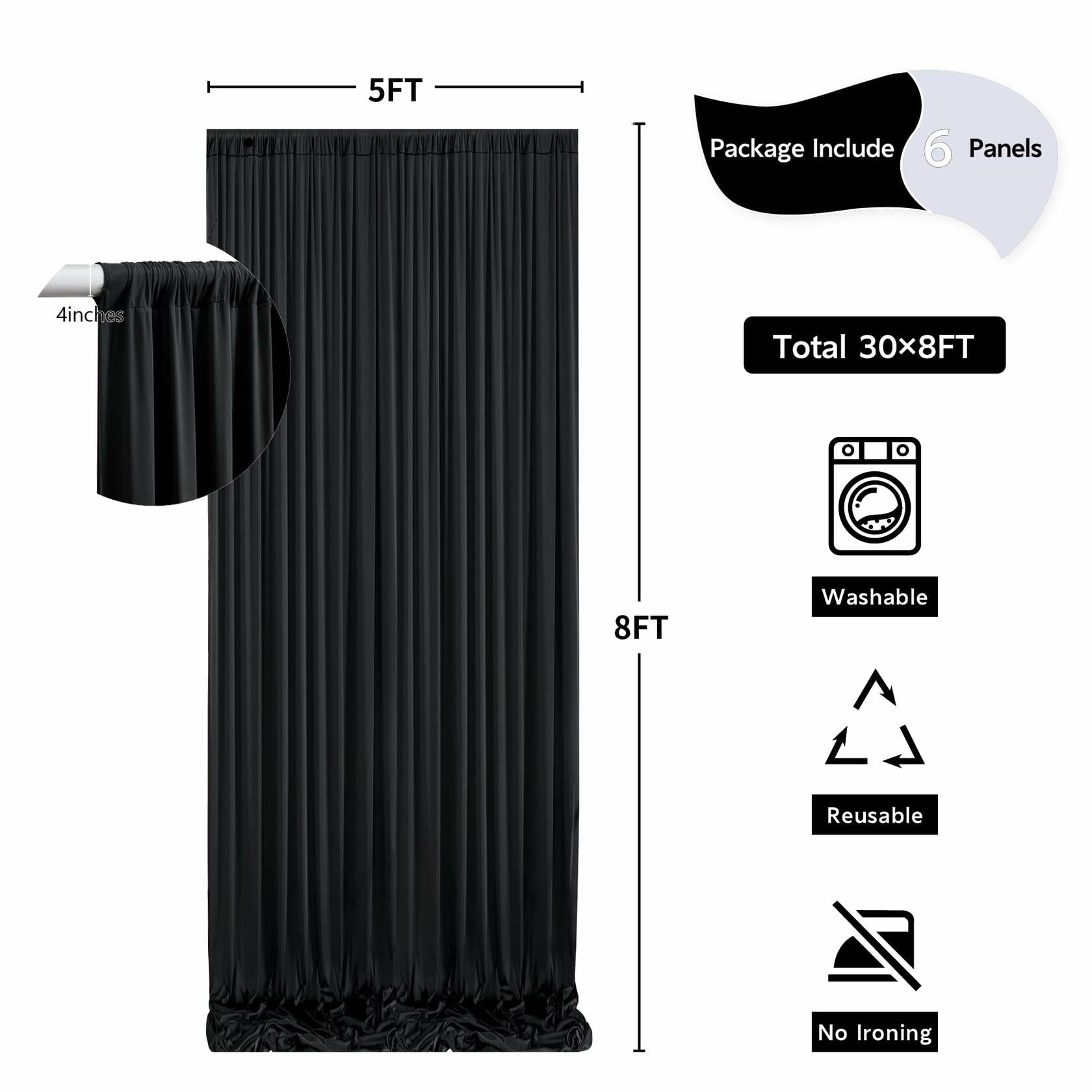 30 ft x 8 ft Black Backdrop Curtain for Parties, 6 Panels 5 ft x 8 ft Wrinkle