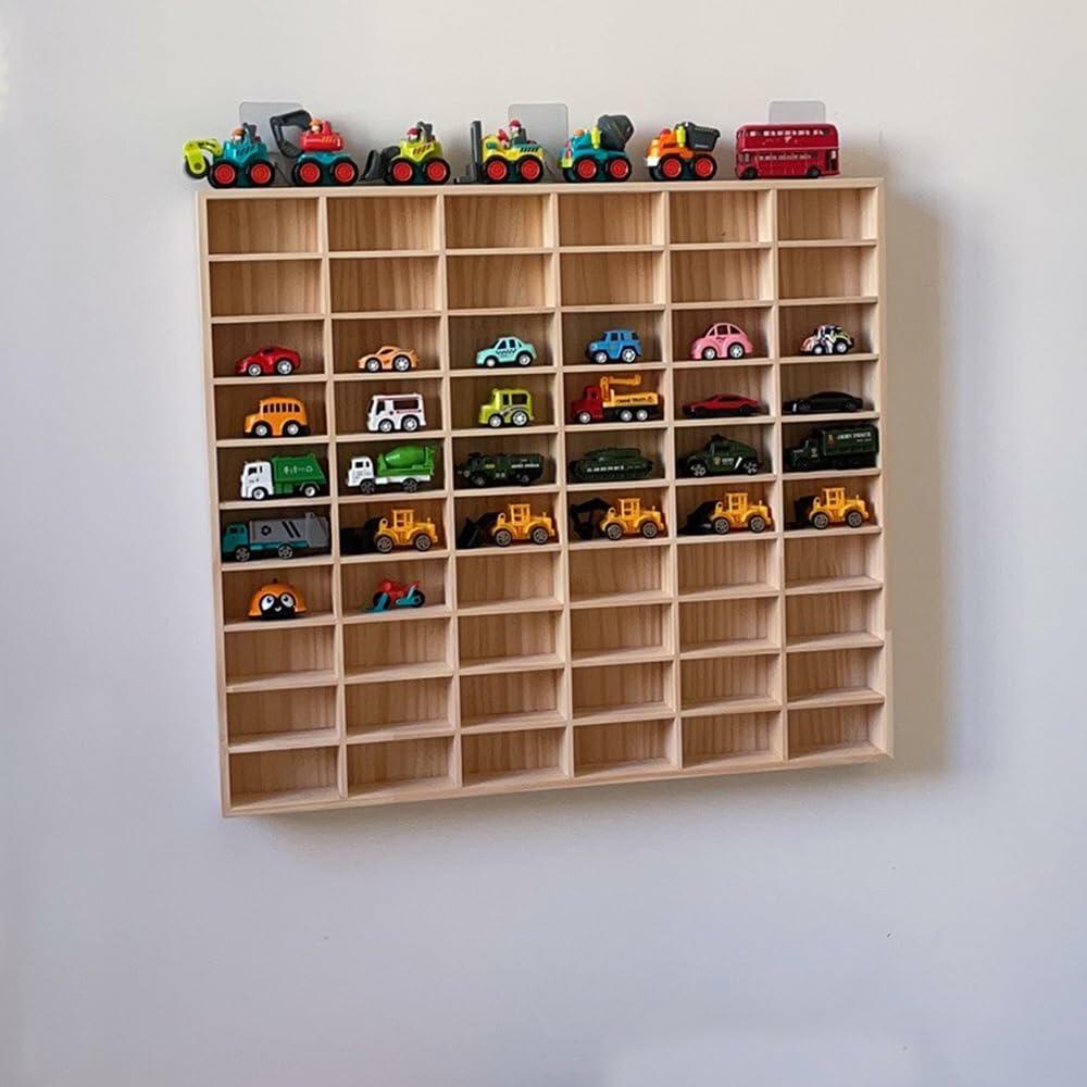 KOZOREN 60 Grids Wooden Display Case for 1:64 Toy Car Model Wall Mounted Storage