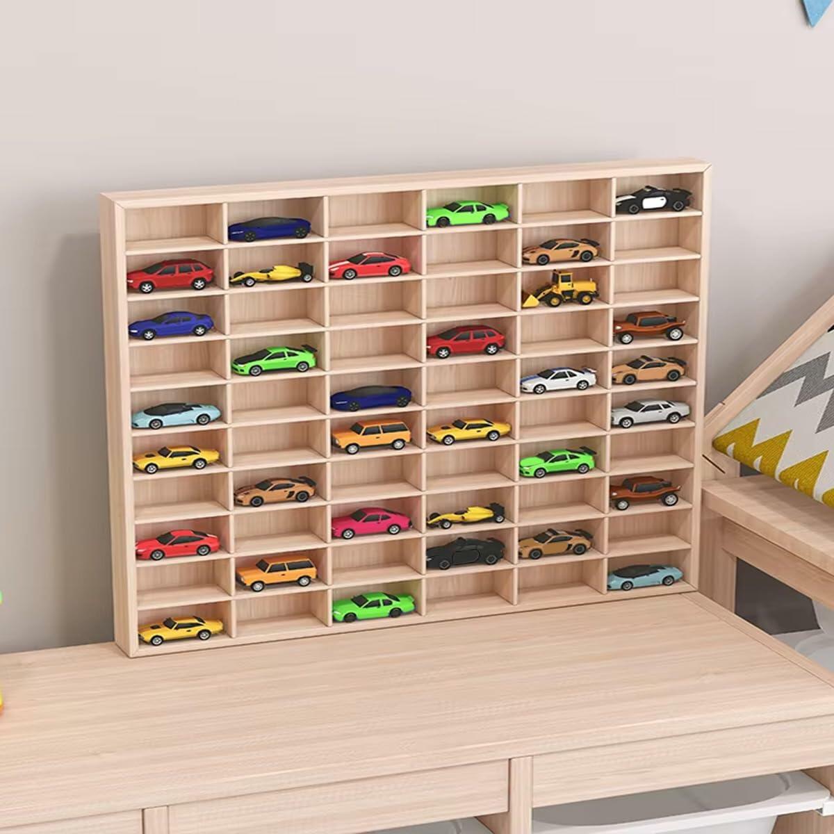 KOZOREN 60 Grids Wooden Display Case for 1:64 Toy Car Model Wall Mounted Storage