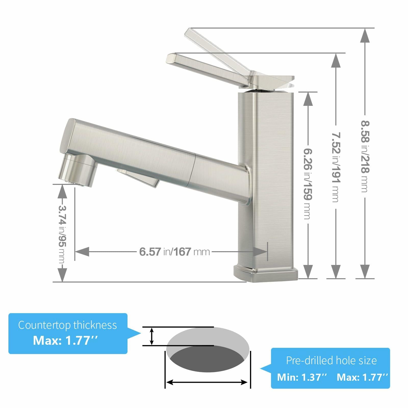 HANLIAN Single Hole Bathroom Pull Out Faucet with Rotating Spout, One Handle
