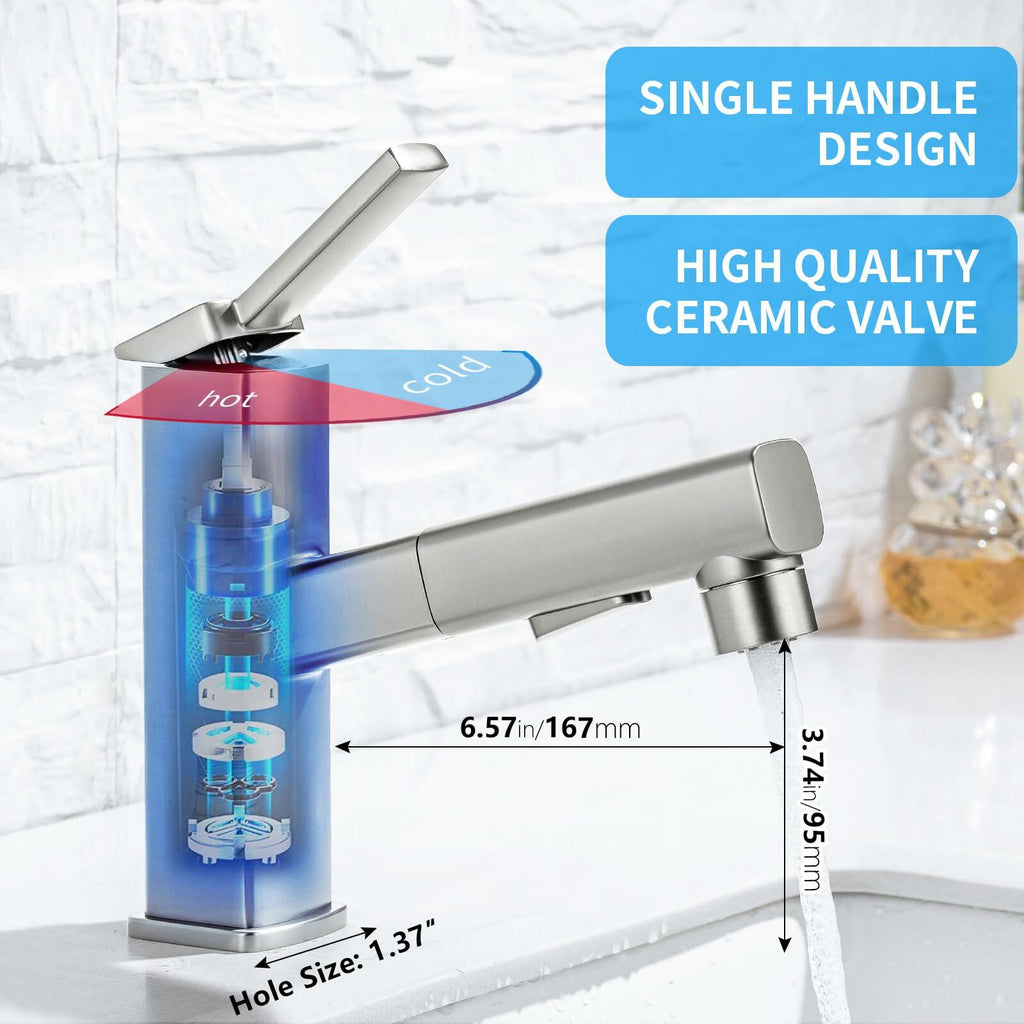 HANLIAN Single Hole Bathroom Pull Out Faucet with Rotating Spout, One Handle