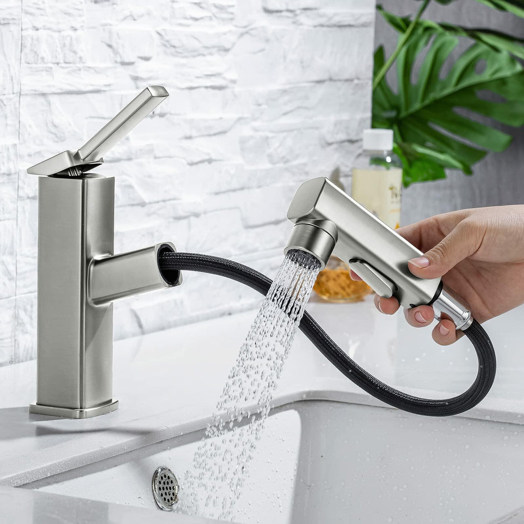 HANLIAN Single Hole Bathroom Pull Out Faucet with Rotating Spout, One Handle
