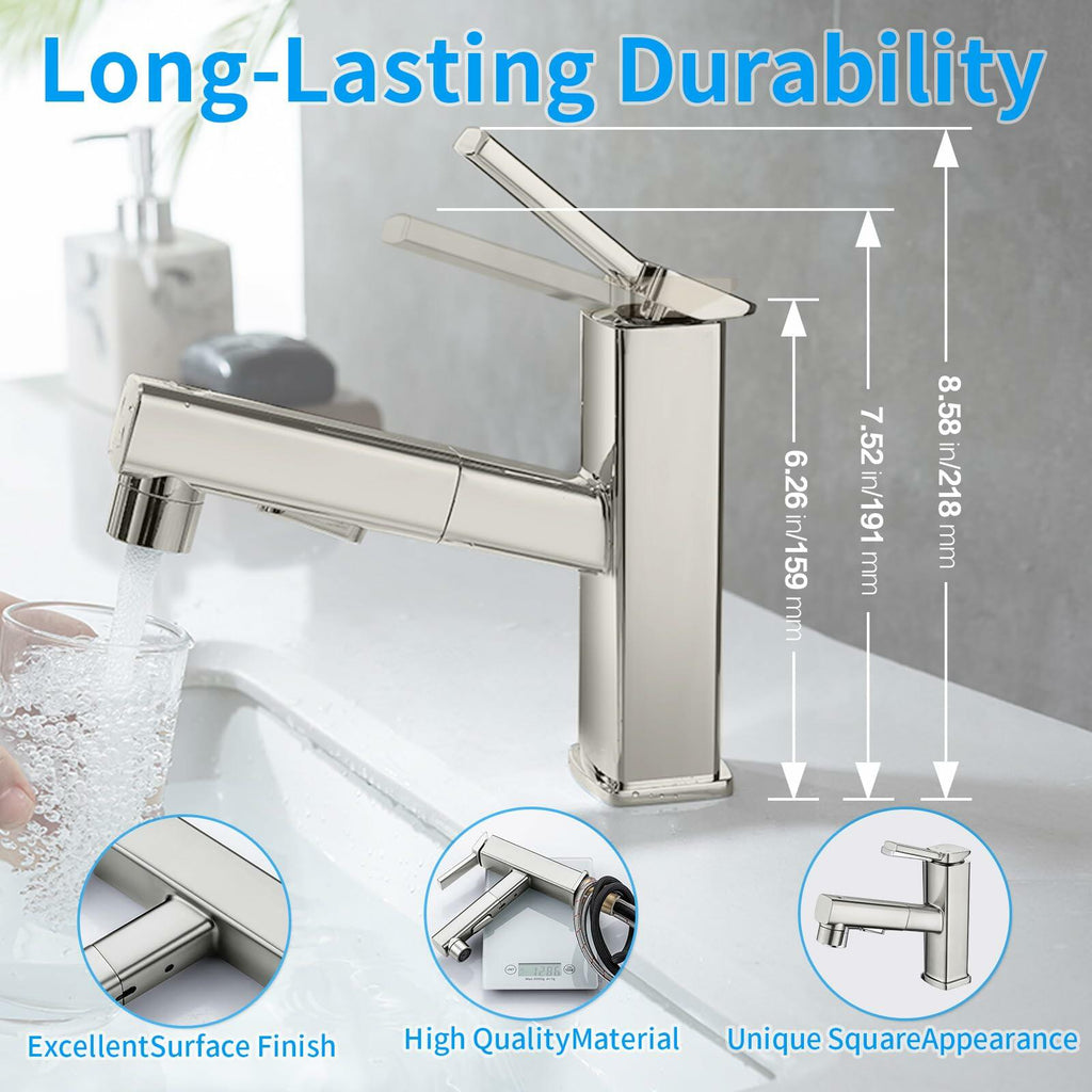 HANLIAN Single Hole Bathroom Pull Out Faucet with Rotating Spout, One Handle