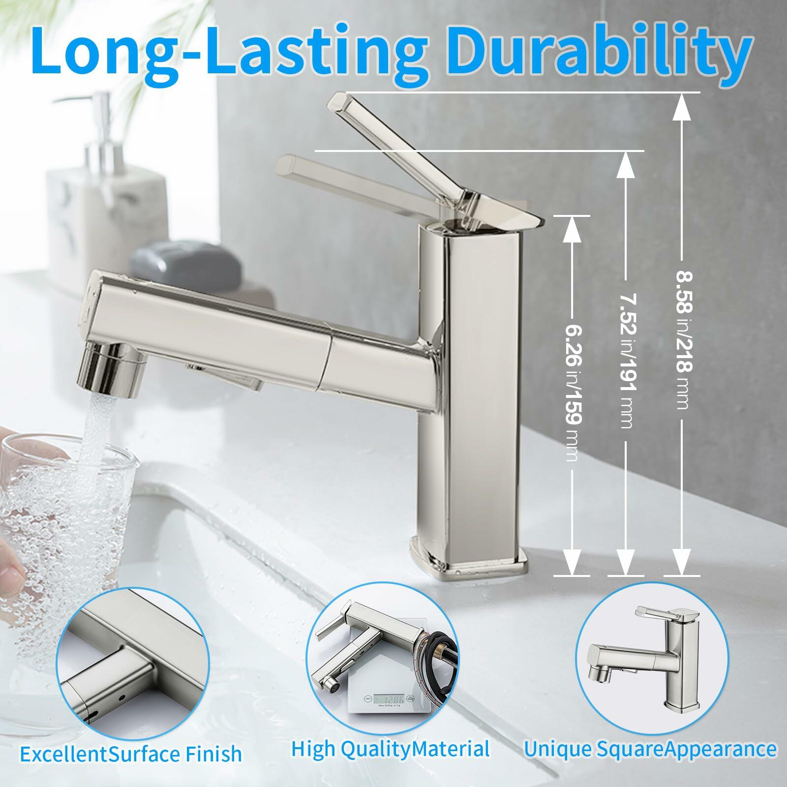 HANLIAN Single Hole Bathroom Pull Out Faucet with Rotating Spout, One Handle