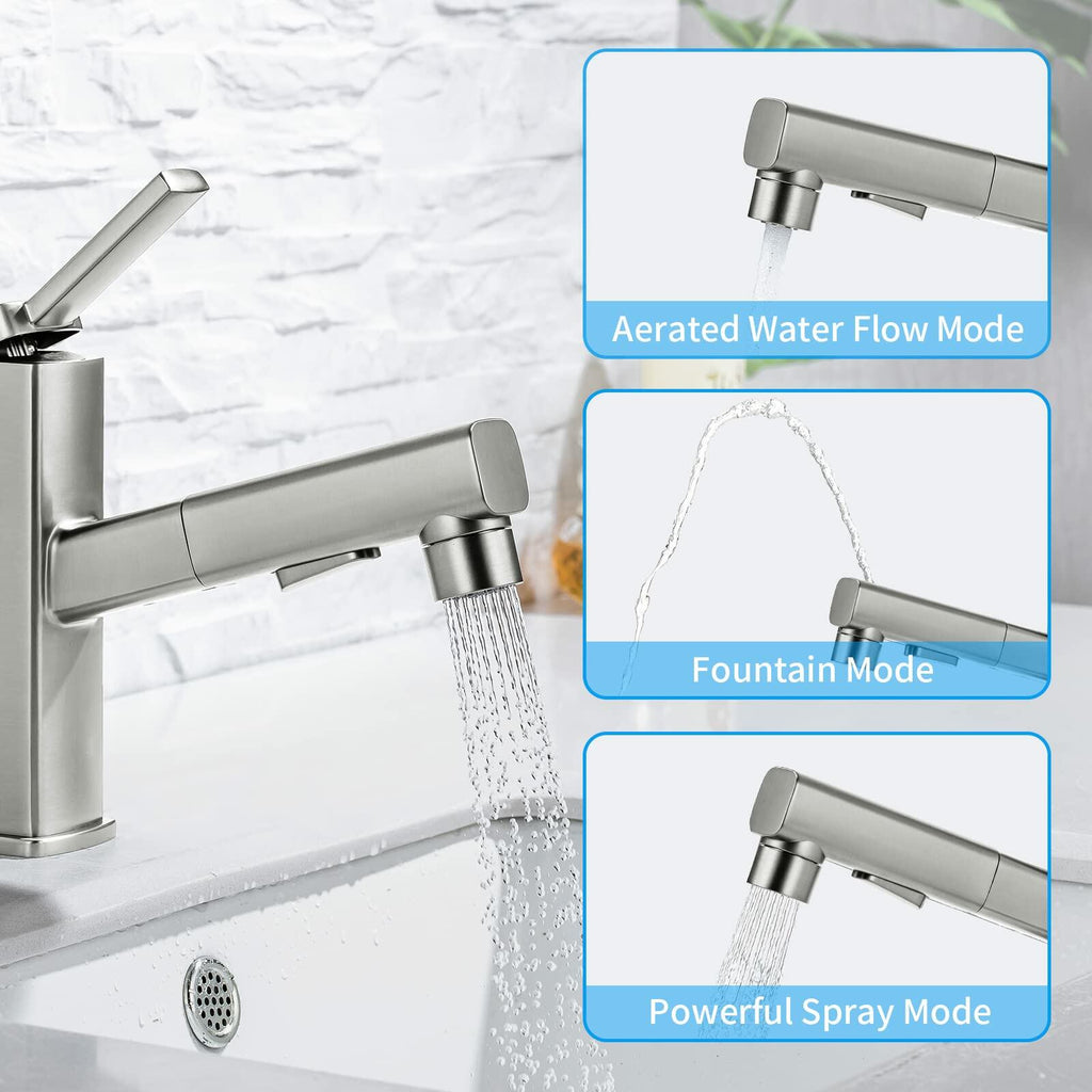 HANLIAN Single Hole Bathroom Pull Out Faucet with Rotating Spout, One Handle