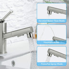 HANLIAN Single Hole Bathroom Pull Out Faucet with Rotating Spout, One Handle