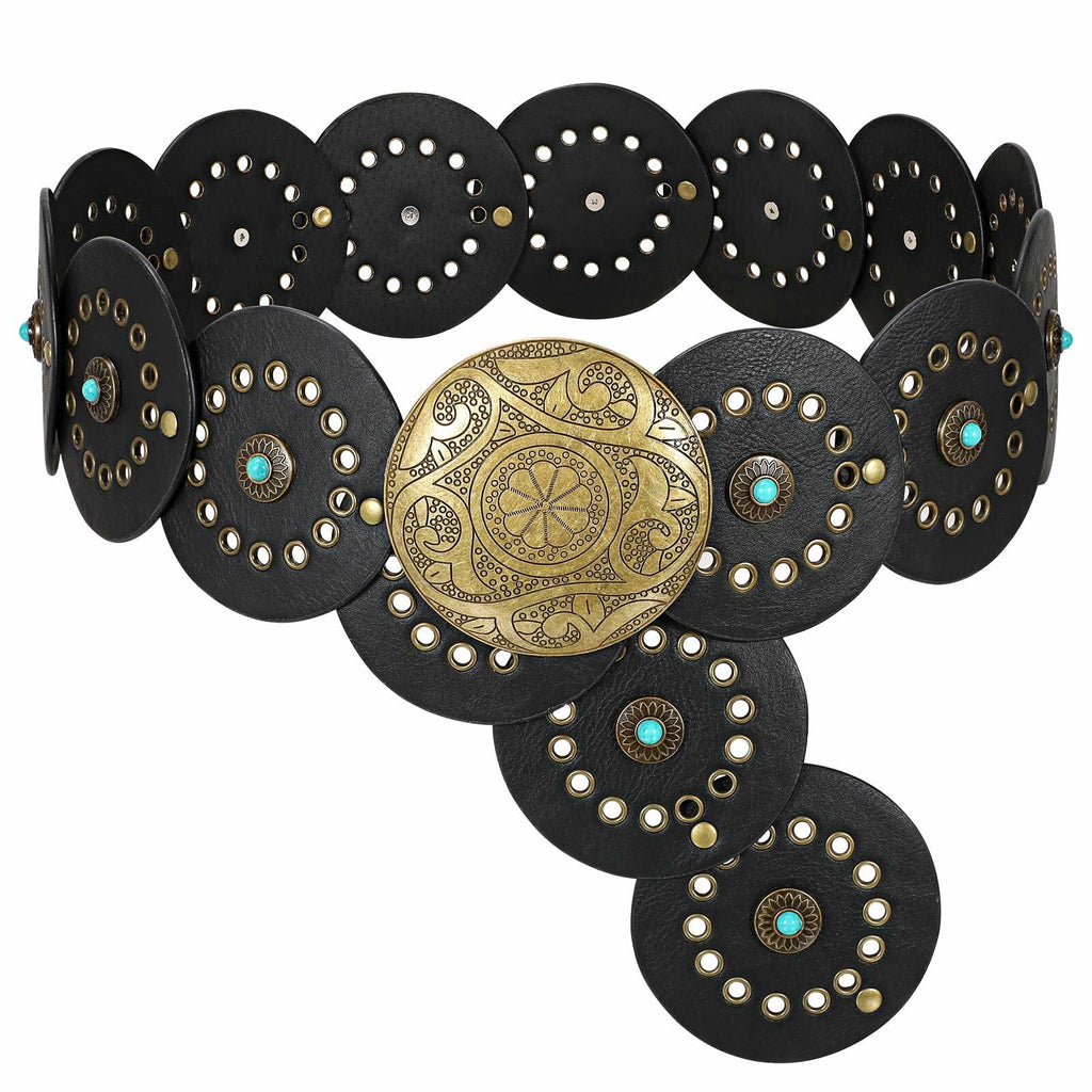 XZQTIVE Western PU Leather Belts for Woman Concho Cowgirl Cowboy Disc Belt for