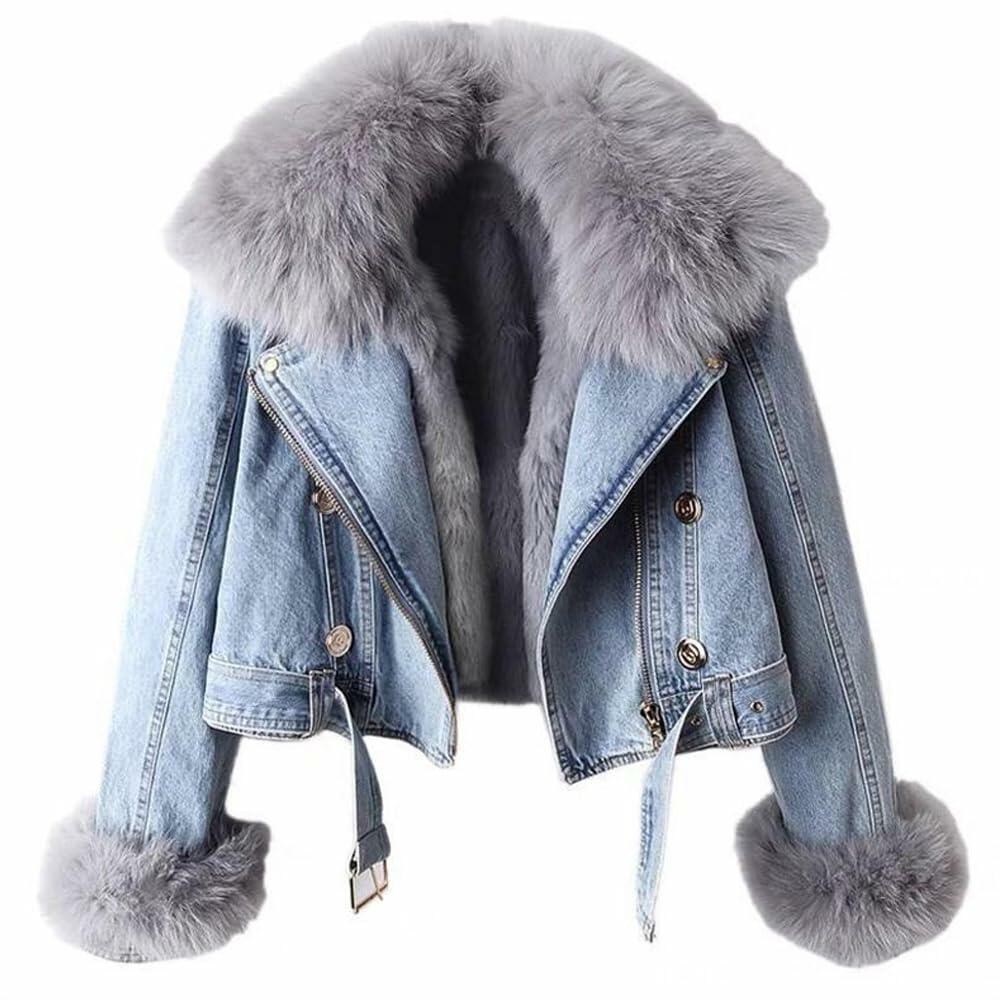 yoeasy Women Denim Jacket Removable Faux Fur Lined Thicken Shaggy Short Parka