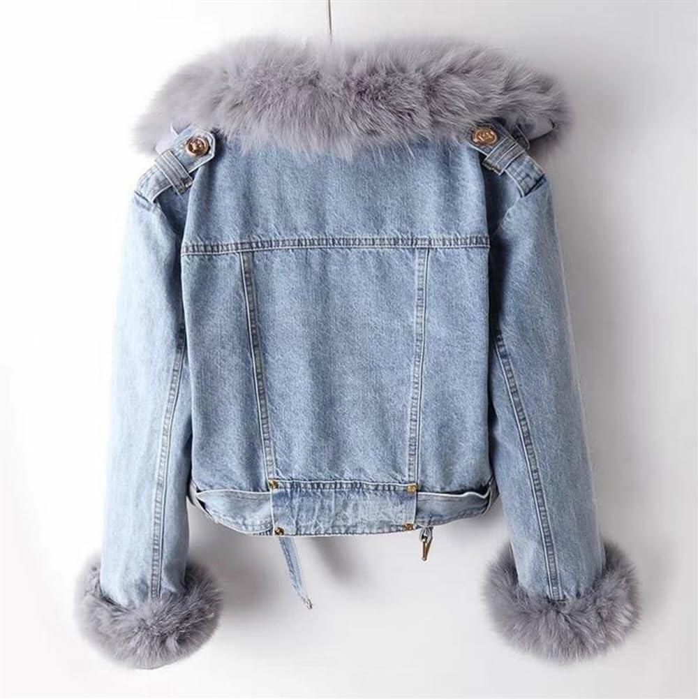 yoeasy Women Denim Jacket Removable Faux Fur Lined Thicken Shaggy Short Parka
