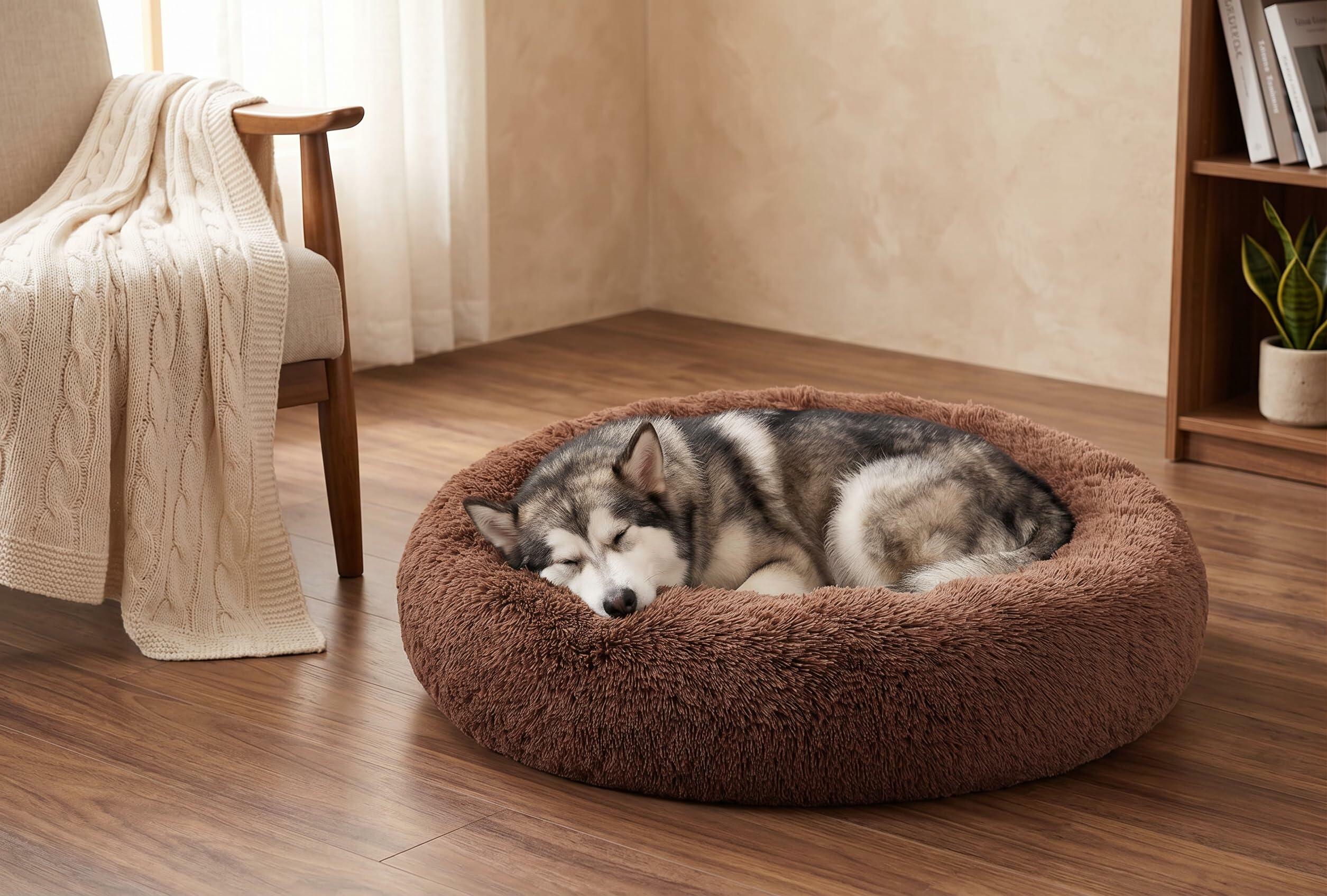 SAVFOX 36 inches Calming Donut Dog Bed - 3X Durable Plush Faux Fur, Machine