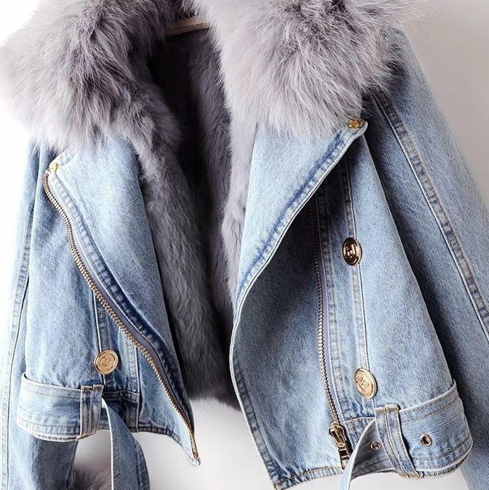 yoeasy Women Denim Jacket Removable Faux Fur Lined Thicken Shaggy Short Parka