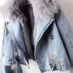 yoeasy Women Denim Jacket Removable Faux Fur Lined Thicken Shaggy Short Parka