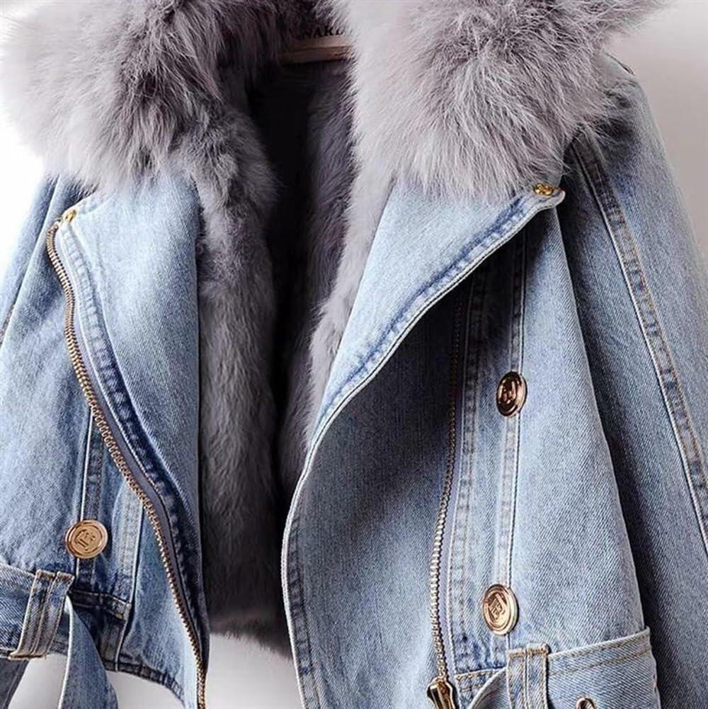 yoeasy Women Denim Jacket Removable Faux Fur Lined Thicken Shaggy Short Parka