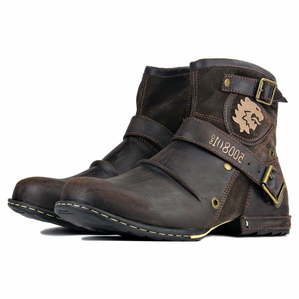 OSSTONE Moto Boots for Men Fashion Zipper-up Leather Chukka Boots Casual Shoes