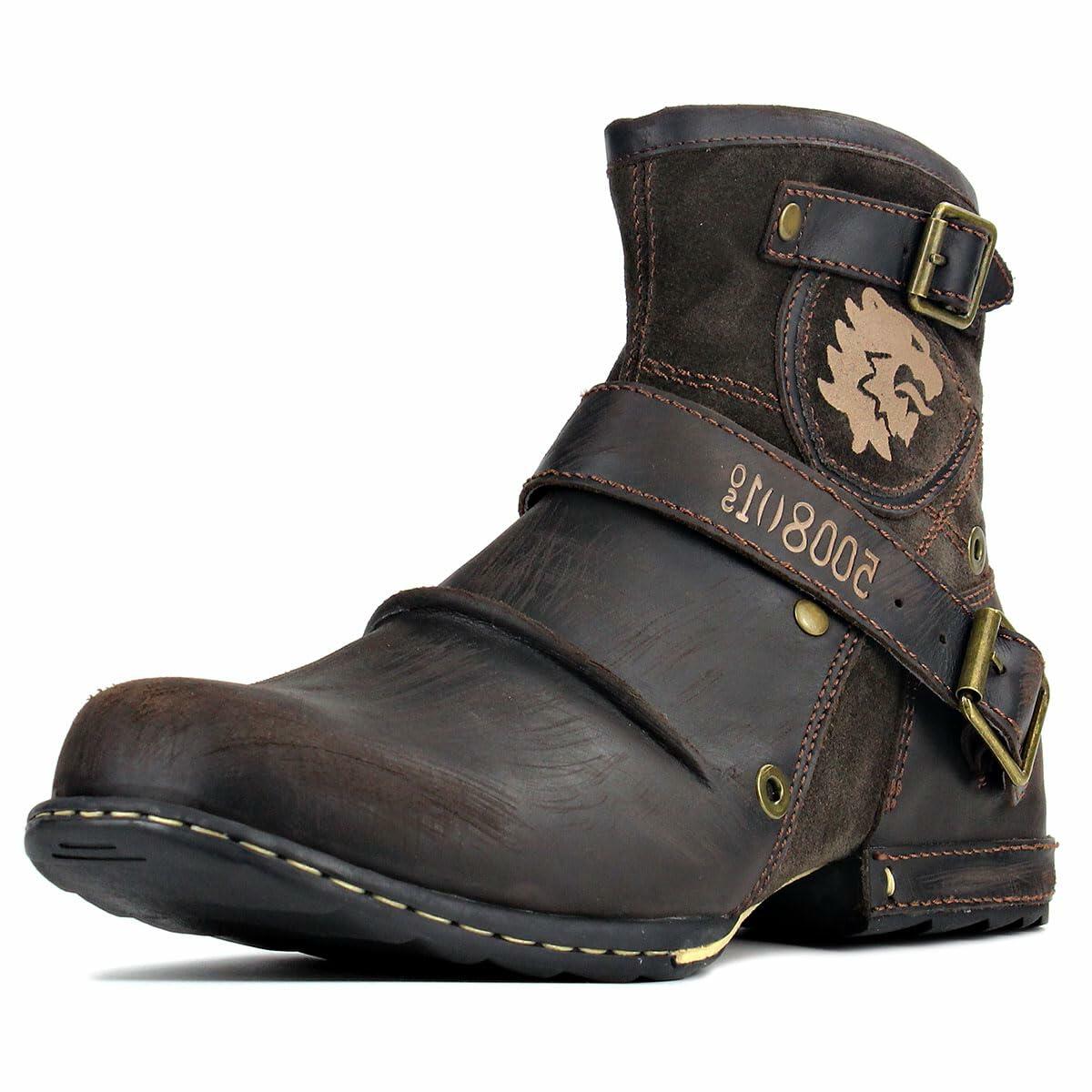 OSSTONE Moto Boots for Men Fashion Zipper-up Leather Chukka Boots Casual Shoes