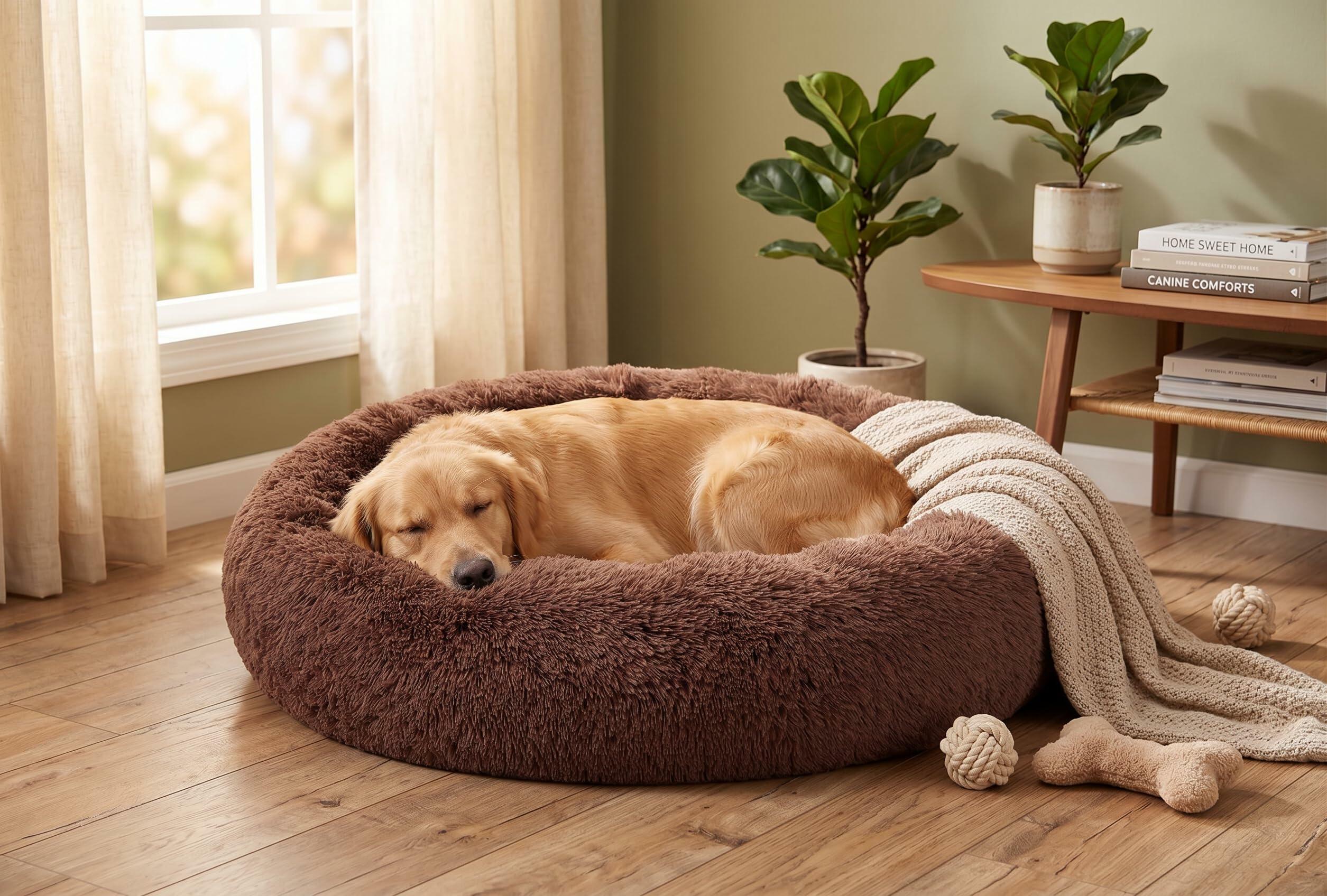 SAVFOX 36 inches Calming Donut Dog Bed - 3X Durable Plush Faux Fur, Machine