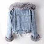 yoeasy Women Denim Jacket Removable Faux Fur Lined Thicken Shaggy Short Parka