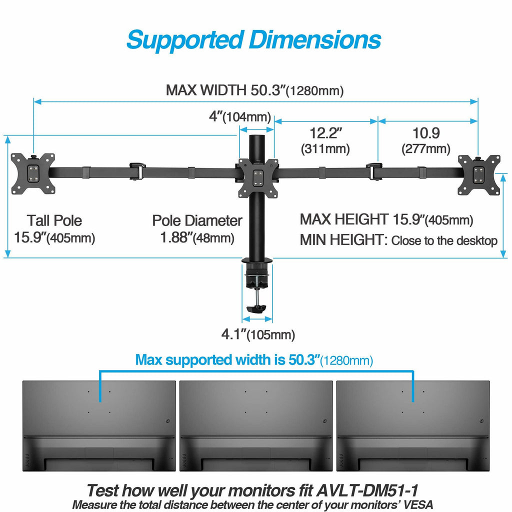 AVLT Triple 27" Monitor Desk Stand Mount Three Monitors on Enhanced Strong