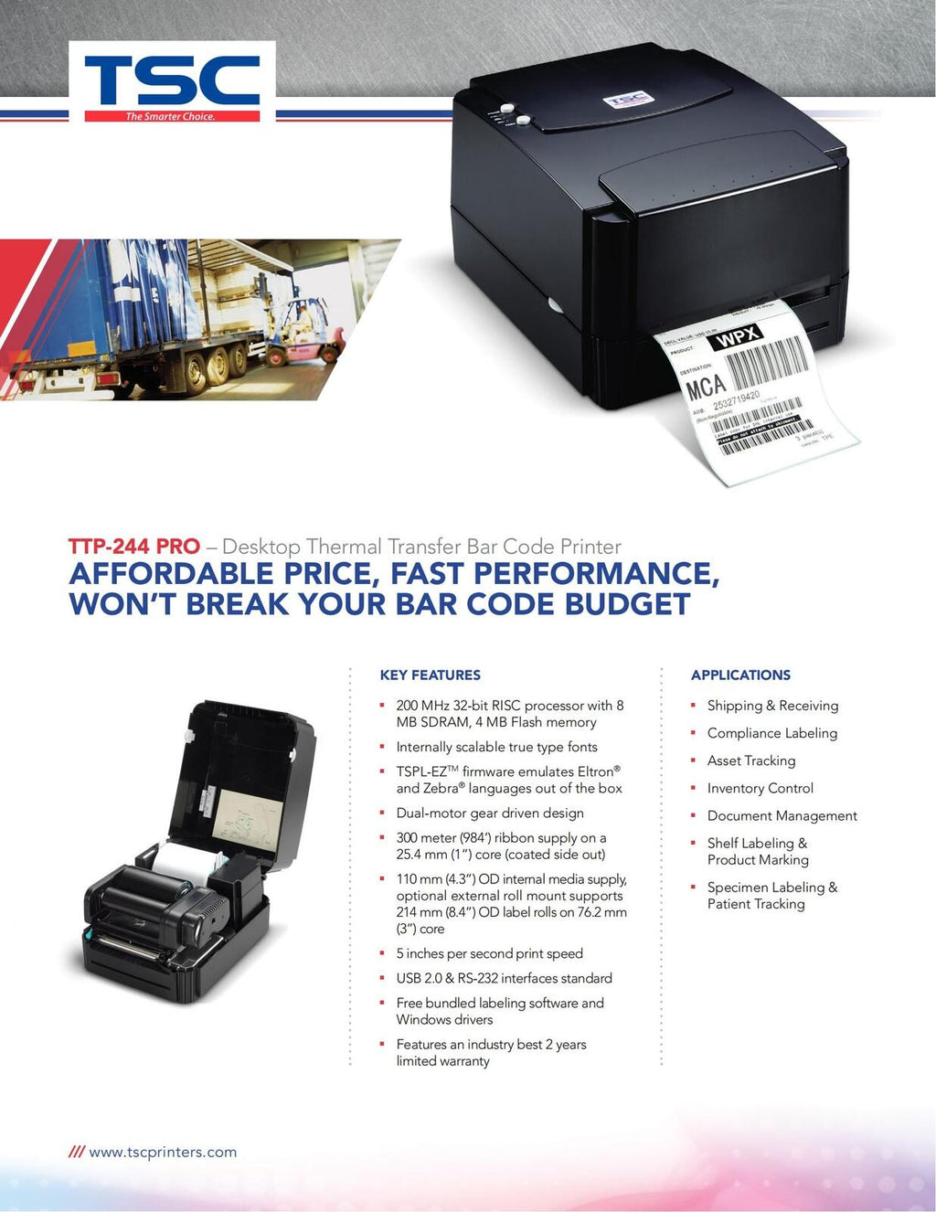 TSC TTP-244 Pro Thermal Transfer Barcode Label Printer 203dpi USB NEW
