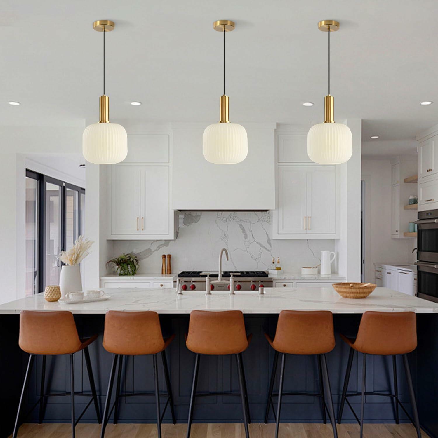 KCO Lighting Milk Glass Pendant Light White Ribbed Glass Pendant Lighting