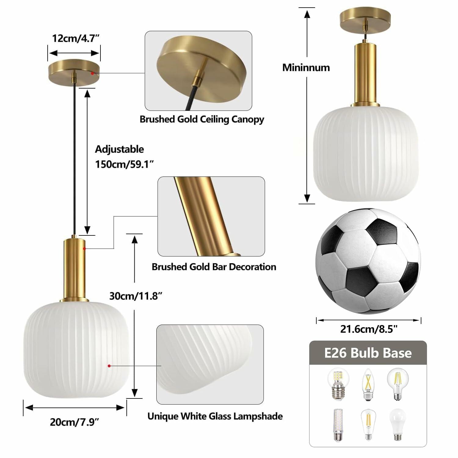 KCO Lighting Milk Glass Pendant Light White Ribbed Glass Pendant Lighting