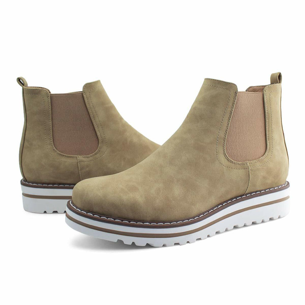 JABASIC Womens Chelsea Elastic Ankle Boots Waterproof Flat Boots (5,Tan)