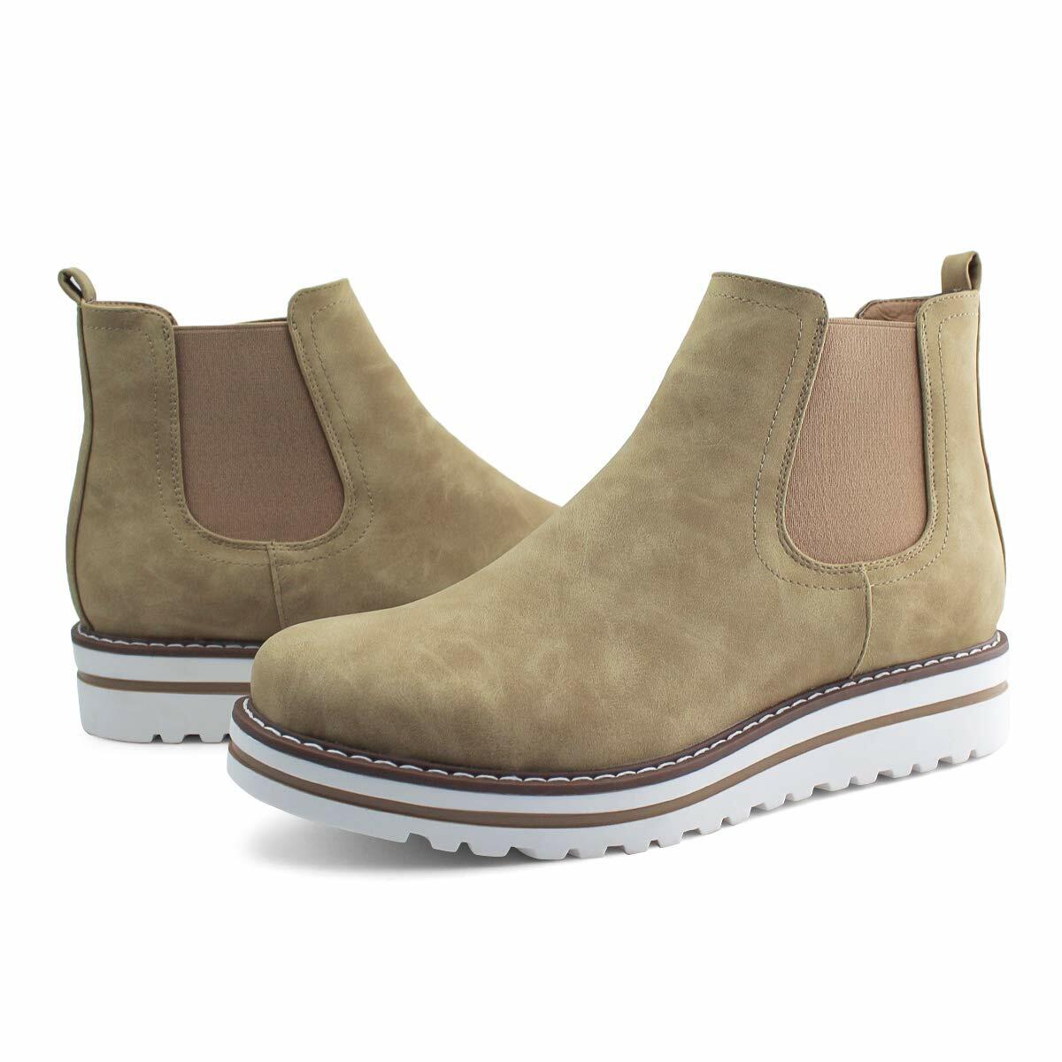 JABASIC Womens Chelsea Elastic Ankle Boots Waterproof Flat Boots (5,Tan)