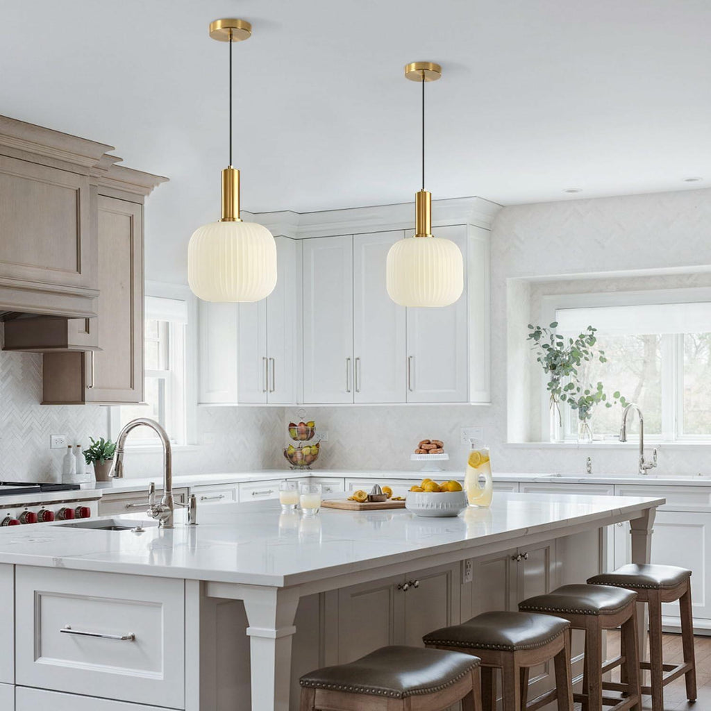 KCO Lighting Milk Glass Pendant Light White Ribbed Glass Pendant Lighting