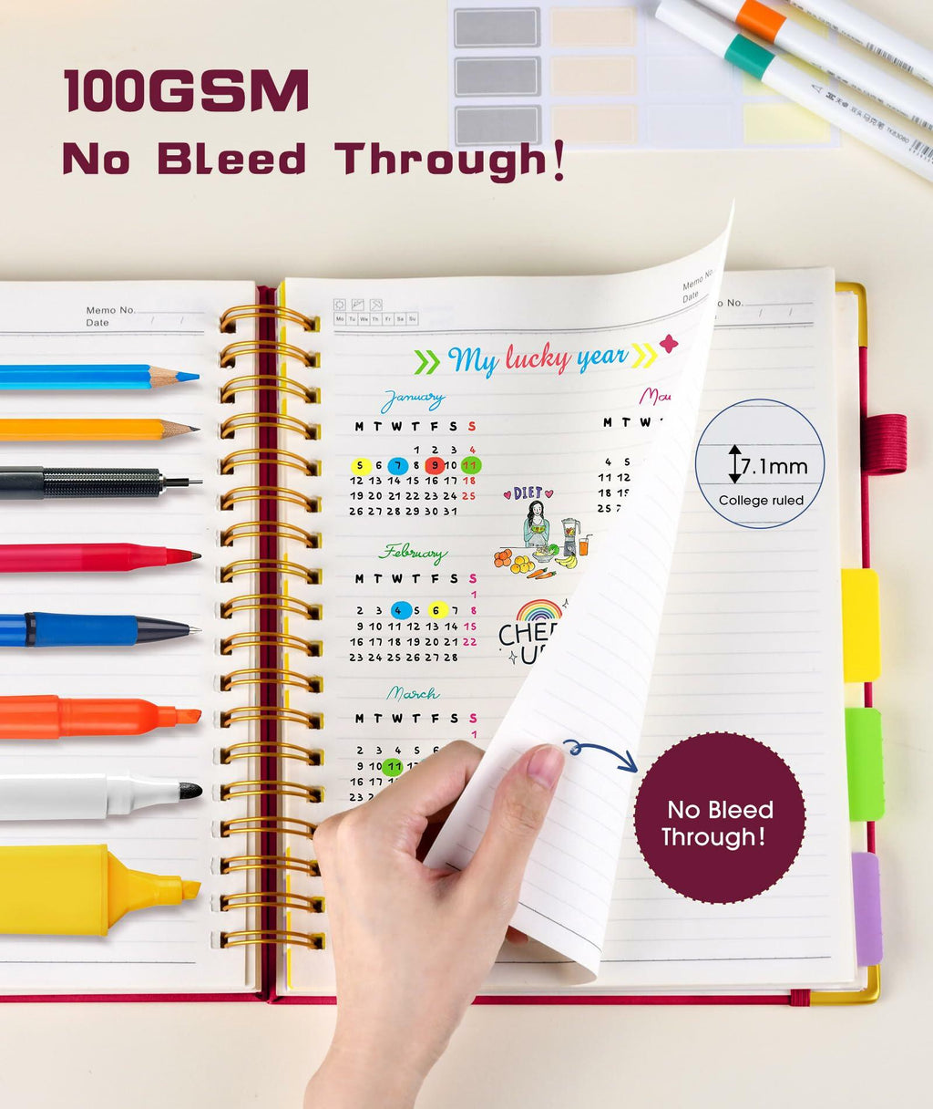 Hardcover Spiral Notebook Journal with Removable Dividers Tabs, 300 Pages