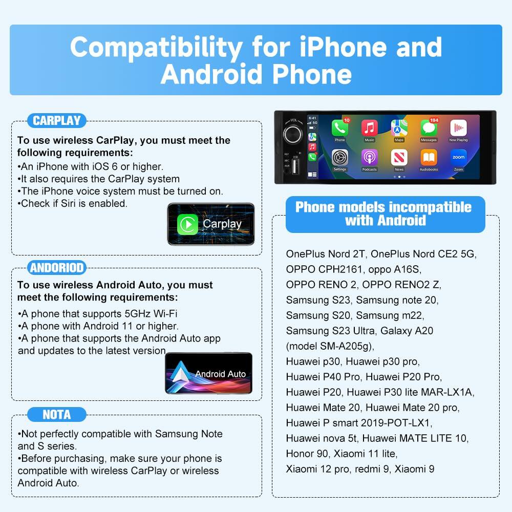 Pyniro Single Din Car Stereo, 6.36 Inch CarPlay & Android Auto HD IPS Touchscreen Radio with Bluetooth with Backup Camera, Support USB Type-C Charging/USB/Microphone/FM/EQ