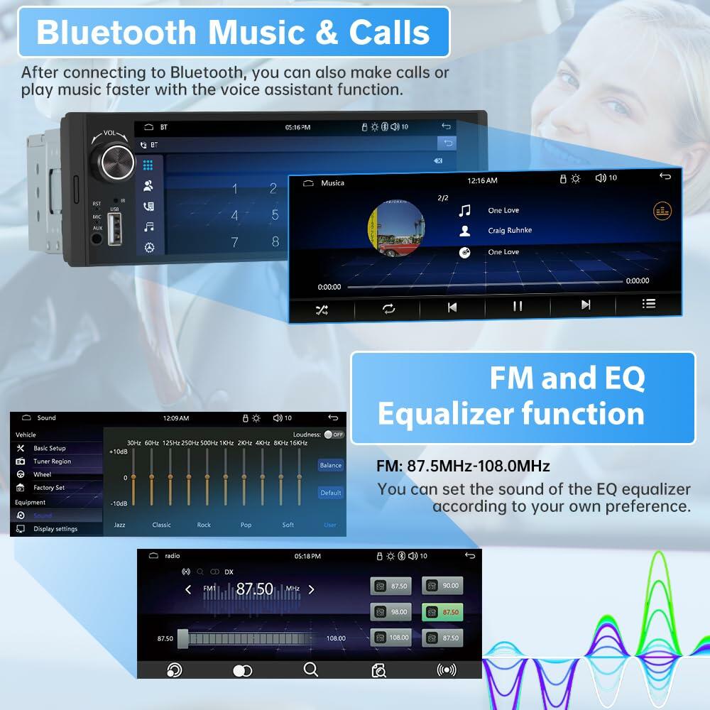 Pyniro Single Din Car Stereo, 6.36 Inch CarPlay & Android Auto HD IPS Touchscreen Radio with Bluetooth with Backup Camera, Support USB Type-C Charging/USB/Microphone/FM/EQ