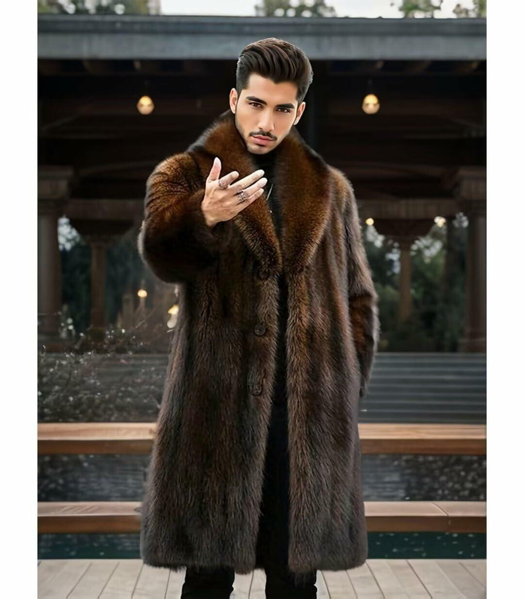 INVACHI Men's Faux Fur Coat Winter Long Faux Mink Coat Fluffy Thick Trench Coat