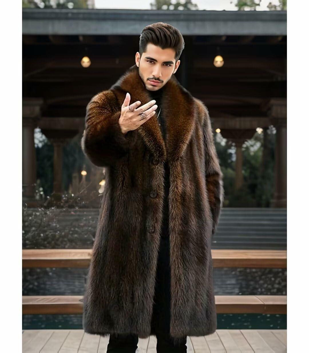 INVACHI Men's Faux Fur Coat Winter Long Faux Mink Coat Fluffy Thick Trench Coat