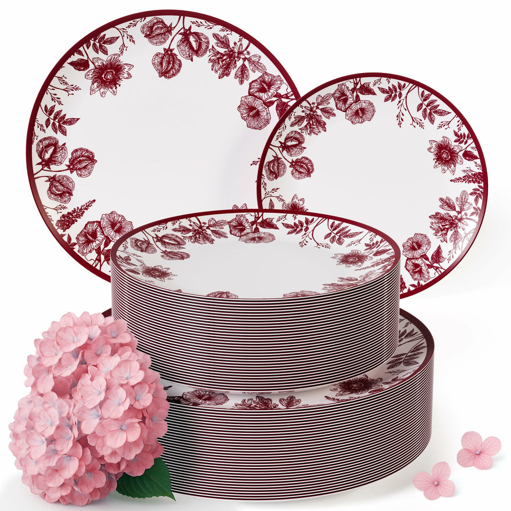 Trendables Disposable Plates For Party Supplies | Burgundy Floral Plastic Plates