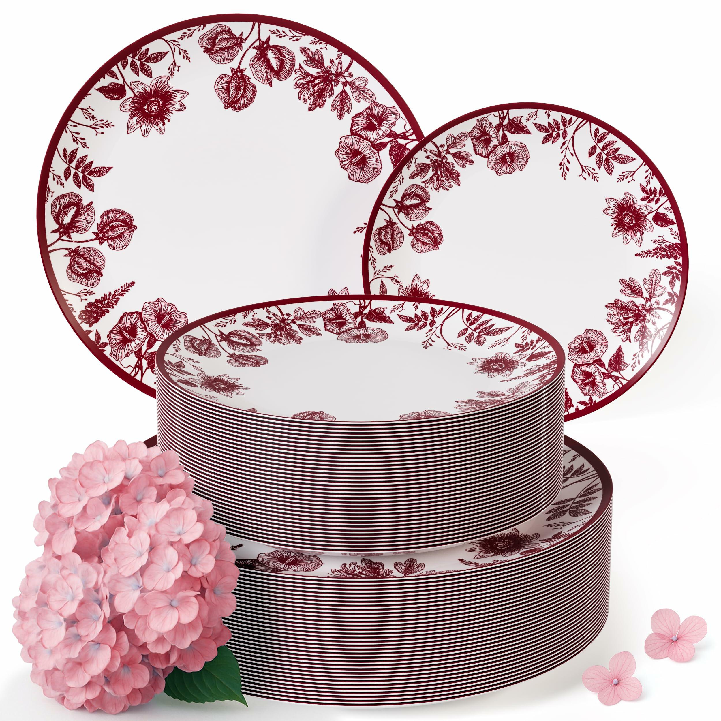 Trendables Disposable Plates For Party Supplies | Burgundy Floral Plastic Plates