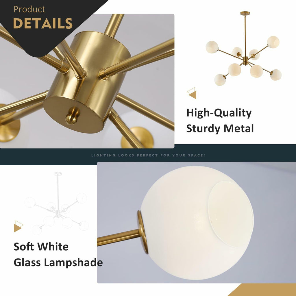 BOKT 8 Lights Gold Globe Sputnik Chandelier Vintage Milk Glass Chandelier Light