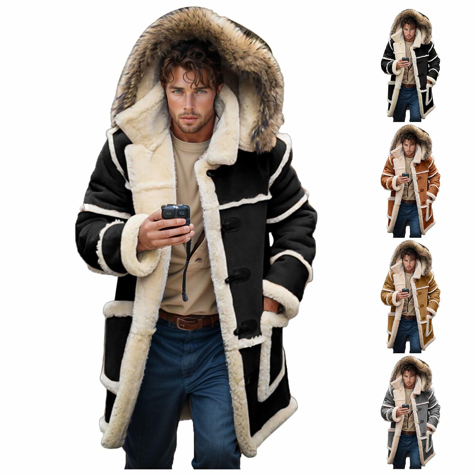 RSZGSWS Men Shearling Coats with Hood Faux Suede Sherpa Lined Sheepskin Jackets