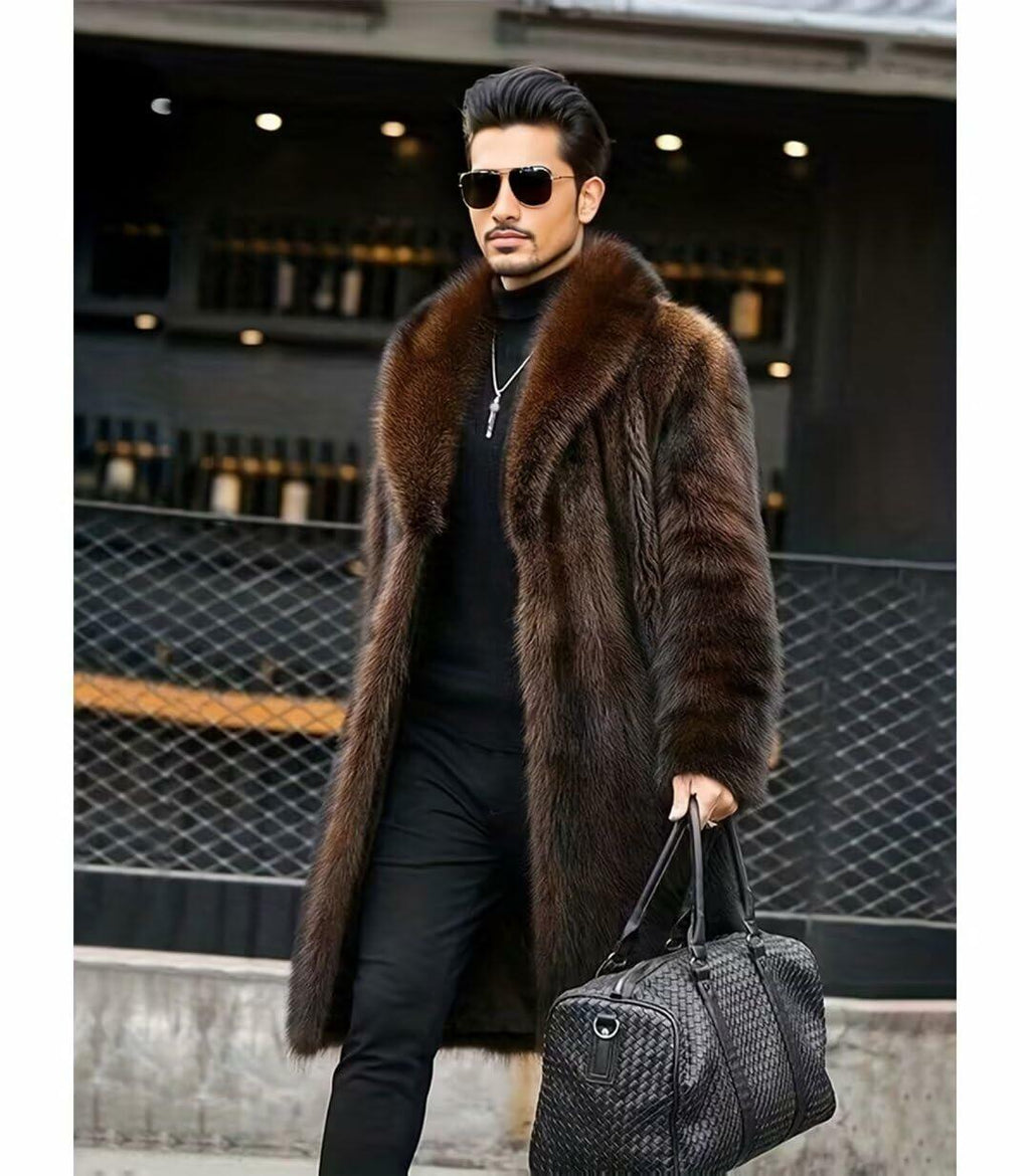 INVACHI Men's Faux Fur Coat Winter Long Faux Mink Coat Fluffy Thick Trench Coat