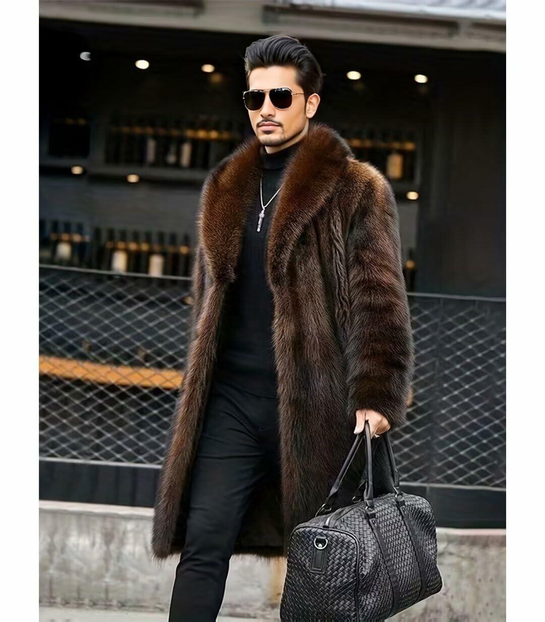 INVACHI Men's Faux Fur Coat Winter Long Faux Mink Coat Fluffy Thick Trench Coat